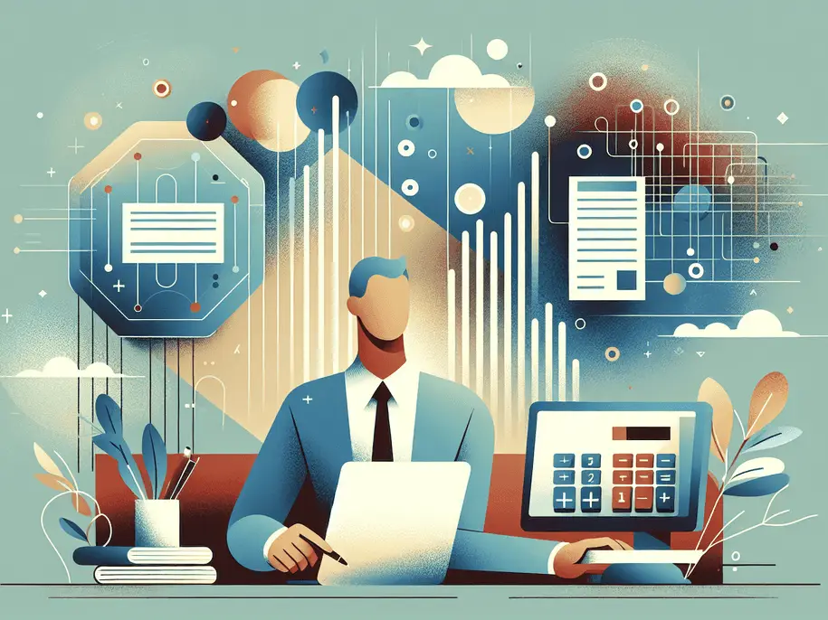 A professional abstract illustration representing the concept of Master Daily Transaction Management in Bookkeeping.Visu...